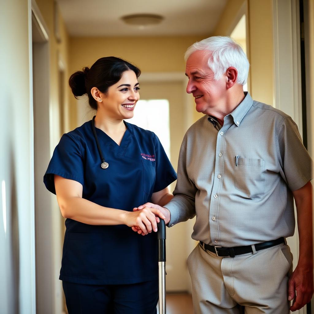 Caregiver helping elderly gentleman walk